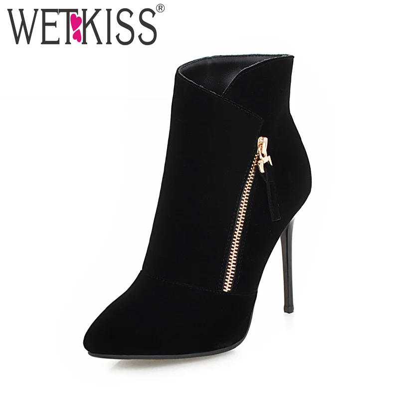 

WETKISS Plus Size 46 Winter Thin High Heels Women Ankle Boots Pointed Toe Footwear Zip Flock Female Boot Party Shoes Women 2020
