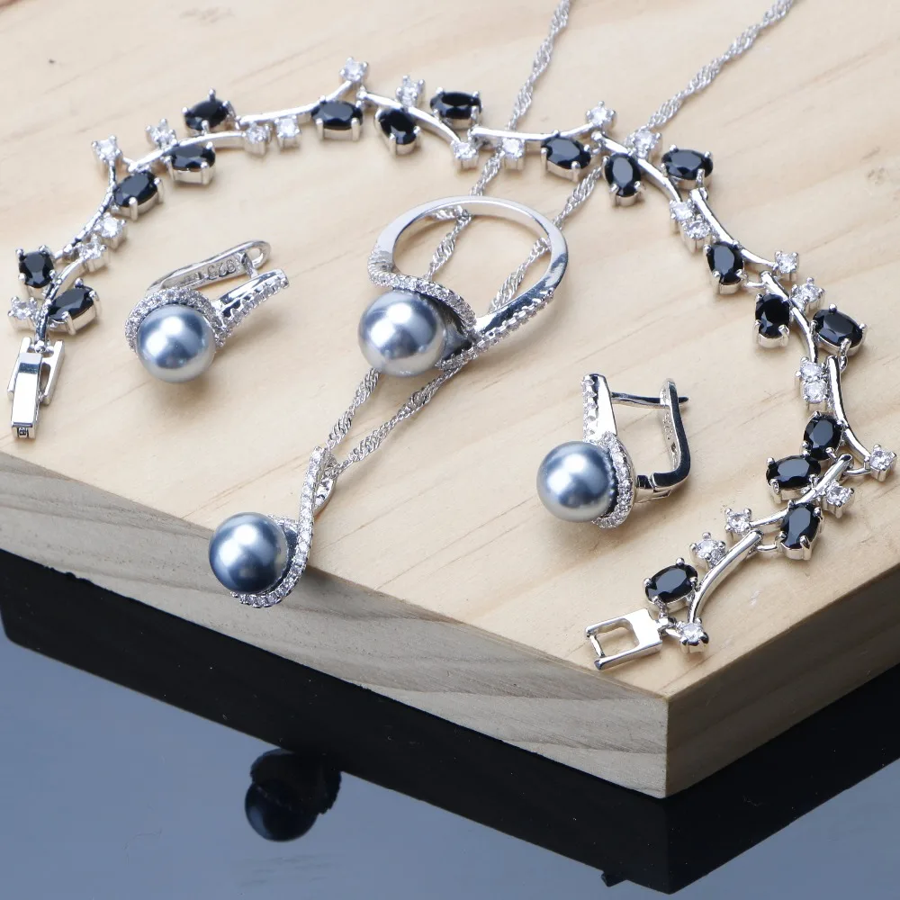 New Gray Pearl Bridal Black White Zirconia Jewelry Sets For Women Silver Jewelry 925 Bracelet Clip Earrings Ring Necklace Set
New Gray Pearl Bridal Black White Zirconia Jewelry Sets For Women Silver Jewelry 925 Bracelet Clip Earrings Ring Necklace Set