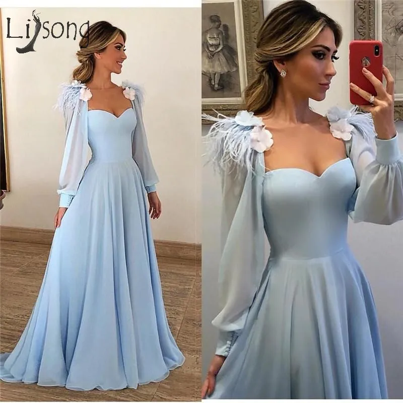 Modest Light Blue Feather Evening Dresses 2019 A Line Long Sleeves Prom Gowns Plus Size Cheap 3D Floral Arabic Party Dress
Modest Light Blue Feather Evening Dresses 2019 A Line Long Sleeves Prom Gowns Plus Size Cheap 3D Floral Arabic Party Dress