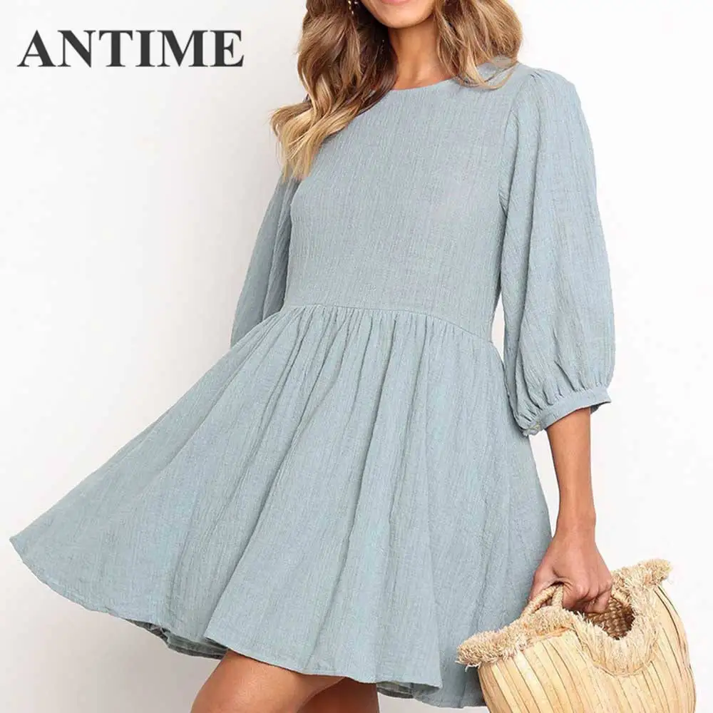 ANTIME Short Dress Casual Pink Solid Long Sleeve A Line Spring Summer O Neck Pleated Elegant Brief Mini Pretty Dresses for Women
ANTIME Short Dress Casual Pink Solid Long Sleeve A Line Spring Summer O Neck Pleated Elegant Brief Mini Pretty Dresses for Women