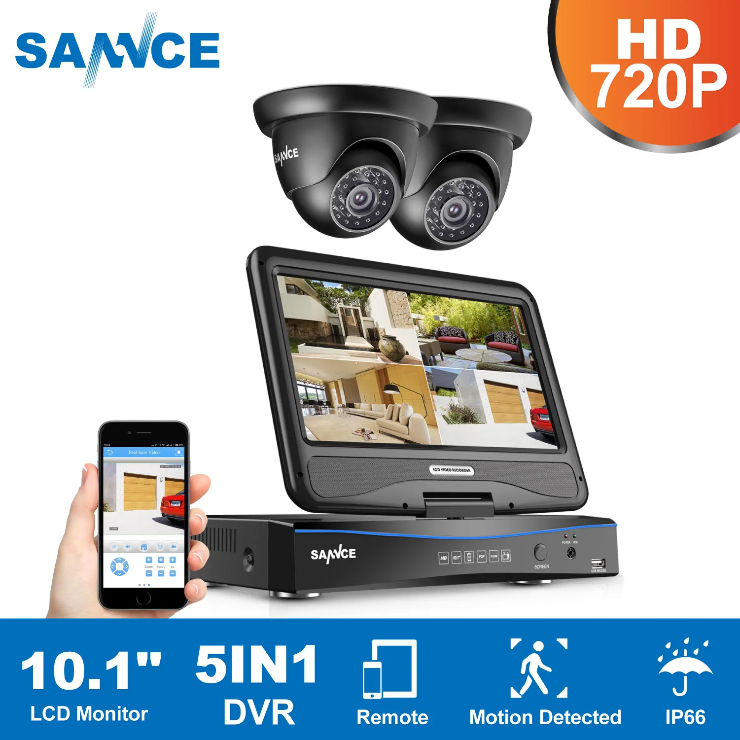 

SANNCE 4CH Security DVR with Build-in 10.1" LCD Monitor and 2pcs 1.0MP Surveillance Wired HD 720P Cameras free collocation DS
