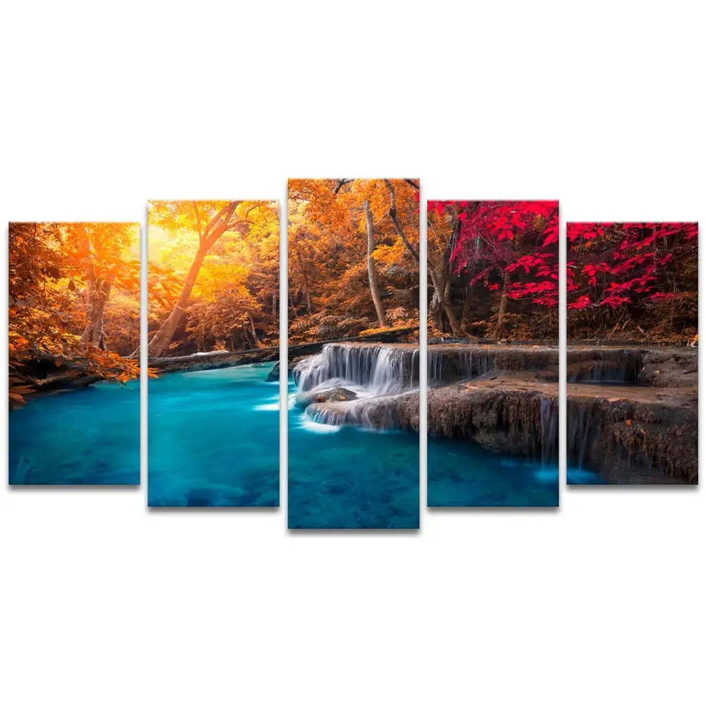 Visual Art Decor Black and White Sunshine Through Foggy Forest Landscape Canvas Prints Trees Wall Decoration Framed and Stretched 5 Pieces Painiting for...