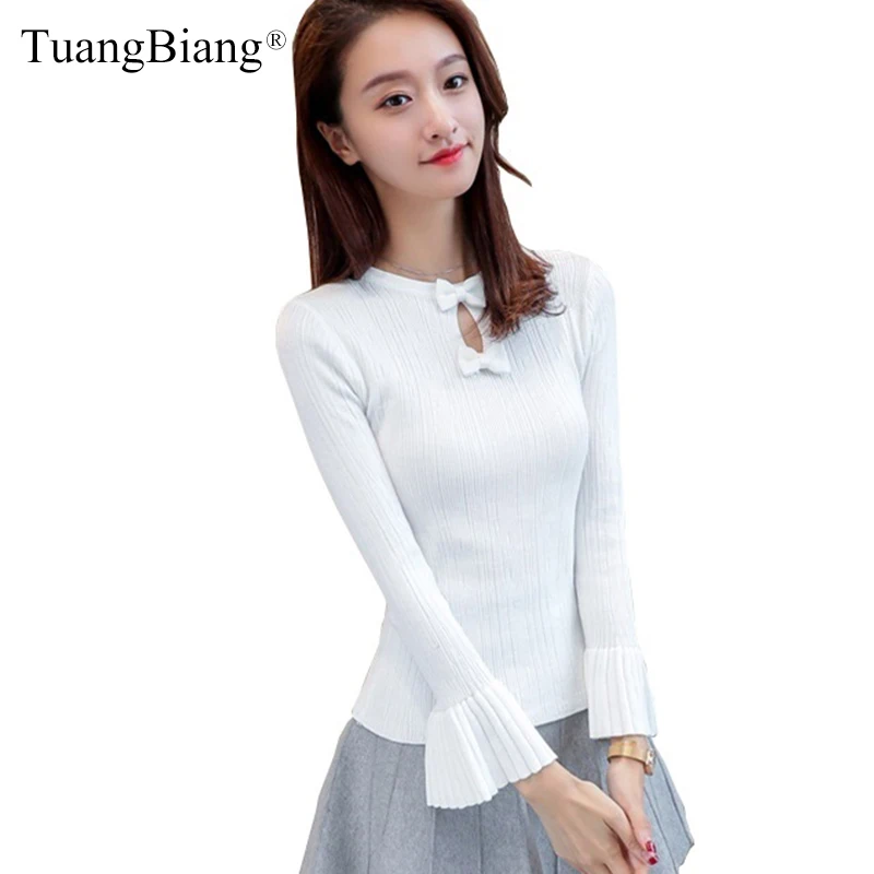 2019 Women Spring Long Sleeve Bow Sweater Flare Sleeve Solid Color Butterfly Collar Pullovers Knit Ladies Sweaters Female Jumper
2019 Women Spring Long Sleeve Bow Sweater Flare Sleeve Solid Color Butterfly Collar Pullovers Knit Ladies Sweaters Female Jumper