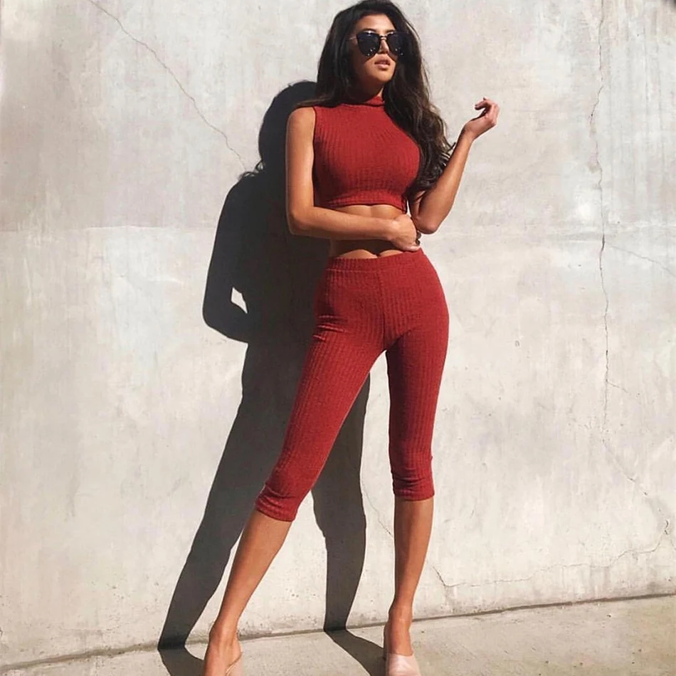 2 Piece Set Tracksuit Women Turtleneck Sleeveless Slim Sheath Midriff Crop Top & Empire Elastic Wasit Stretch Bandage Pants 
2 Piece Set Tracksuit Women Turtleneck Sleeveless Slim Sheath Midriff Crop Top & Empire Elastic Wasit Stretch Bandage Pants