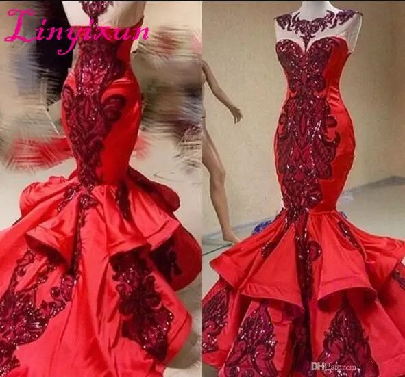 Red Luxury Sequins Applique Mermaid Ruffles Prom Dresses 2018 Shiny Jewel Sheer Neck Fishtail Occasion Evening Dresses
Red Luxury Sequins Applique Mermaid Ruffles Prom Dresses 2018 Shiny Jewel Sheer Neck Fishtail Occasion Evening Dresses