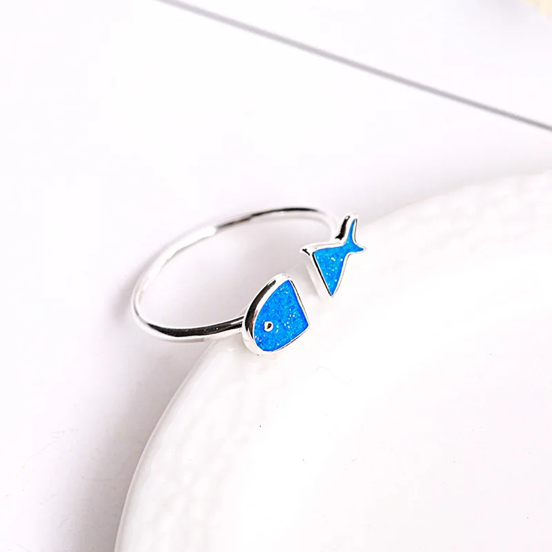 blue fish open Ring 100% Sterling 925 silver Jewelry Vintage Adjustable rings for women girl gift