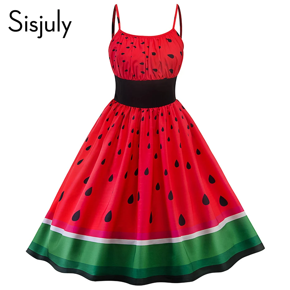 

Sisjuly women dress summer strapless dress elastic waist watermelon print a-line red 2019 cute chic girls sleeveless hot dresses