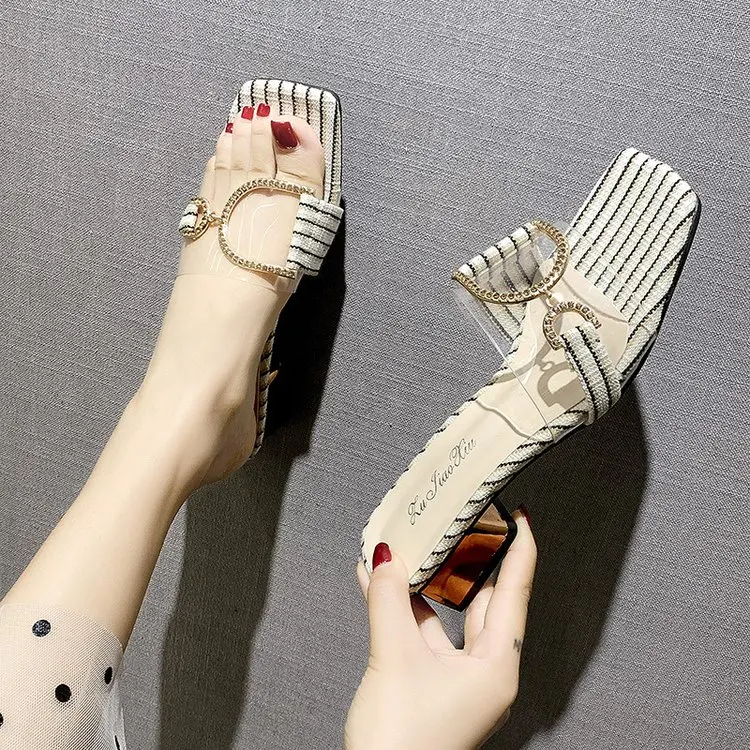 Summer New Designer Slippers Women Mules Shoes Fashion Stripe Slides Metal Decoration Ladies Brand Mules Female Luxury Slippers
Summer New Designer Slippers Women Mules Shoes Fashion Stripe Slides Metal Decoration Ladies Brand Mules Female Luxury Slippers