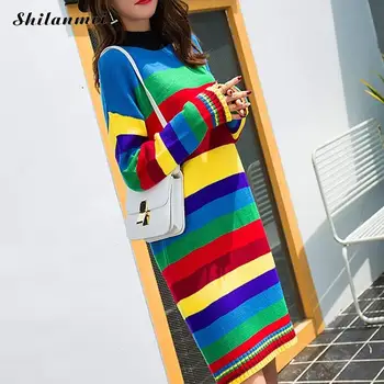 Womens Sweaters 2019 Multi-Colored Striped Sweater Dress Women Turtleneck Long Sleeve Knitted Long Rainbow Sweater Winter Dress
Womens Sweaters 2019 Multi-Colored Striped Sweater Dress Women Turtleneck Long Sleeve Knitted Long Rainbow Sweater Winter Dress