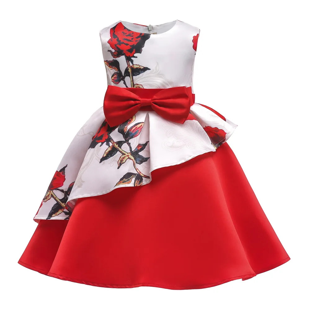 BibiCola Kids Girls Party Dress Children Fashion Silk Print Bow Wedding Princess Style Clothing Baby Costume | Детская одежда и