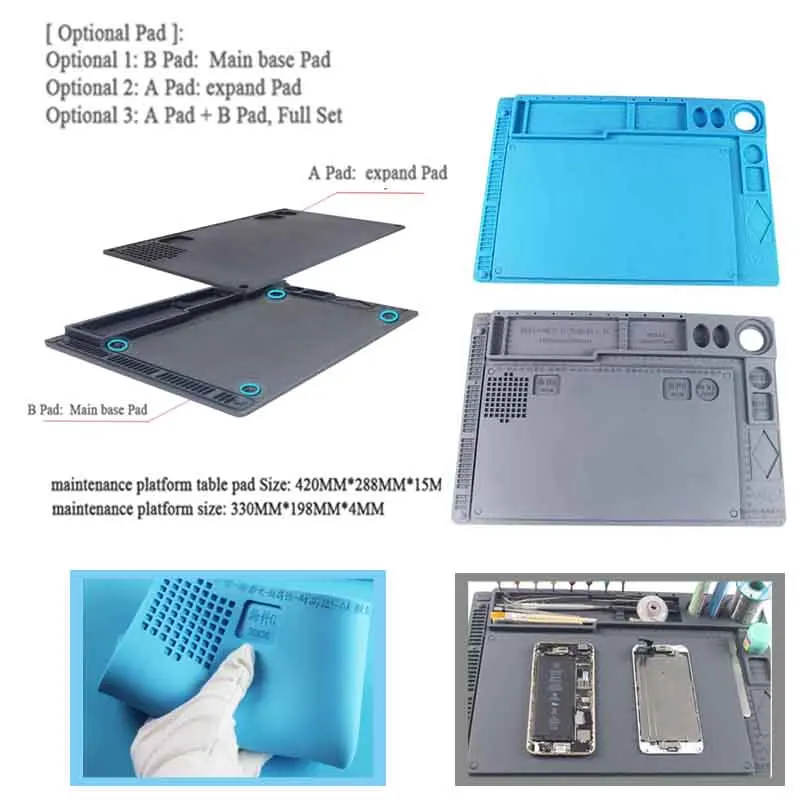 Heat Insulation Silicone Phone Maintenance Platform ESD Phone PCB Solder Repair Pad with Storing Repair Tools Design
Heat Insulation Silicone Phone Maintenance Platform ESD Phone PCB Solder Repair Pad with Storing Repair Tools Design