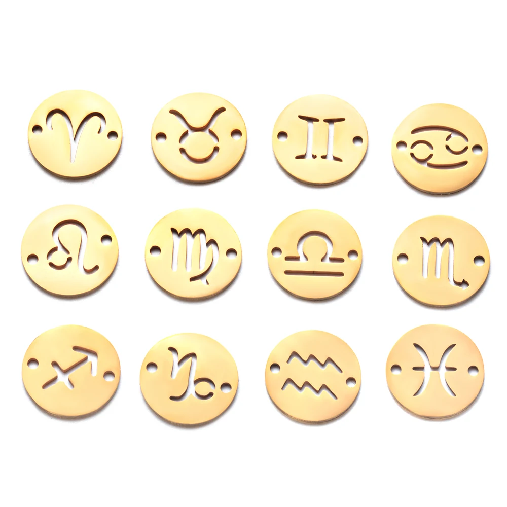12mm Gold Color Round Zodiac Charms Twelve Constellations With Two Holes DIY Bracelet Chain Connectors 10pcs/lot
12mm Gold Color Round Zodiac Charms Twelve Constellations With Two Holes DIY Bracelet Chain Connectors 10pcs/lot