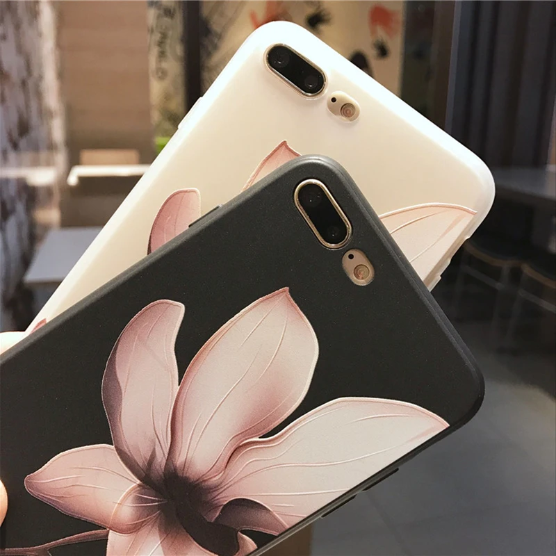 Tikitaka Lotus Flower Case For iPhone 8 Plus XS Max XR 3D Relief Rose Floral Phone Case For iPhone X 7 6 6S Plus 5 SE TPU Cover