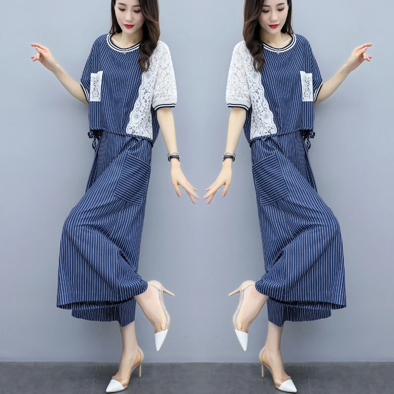 Stripe Stitching Summer Costumes For Women Two Piece Set Woman Suit Stylish Ol Conjunto Feminino Ensemble Femme Survetement
Stripe Stitching Summer Costumes For Women Two Piece Set Woman Suit Stylish Ol Conjunto Feminino Ensemble Femme Survetement