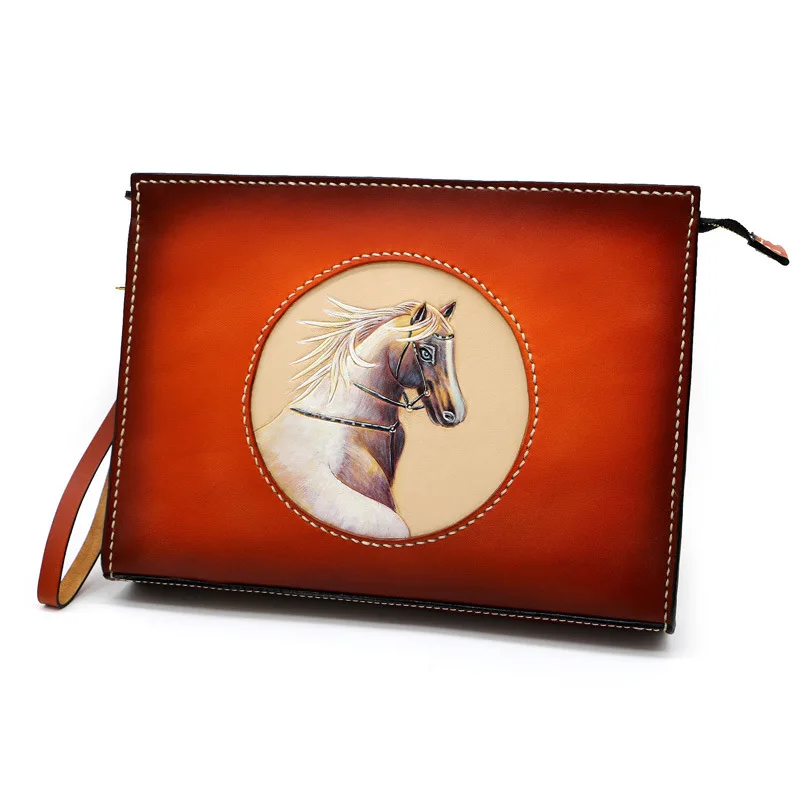 

Handmade Women Men Vegetable Tanned Leather Bag Money Holder Clutch Purse Hand Carving Fine Horse Clutches Envelope Briefcase