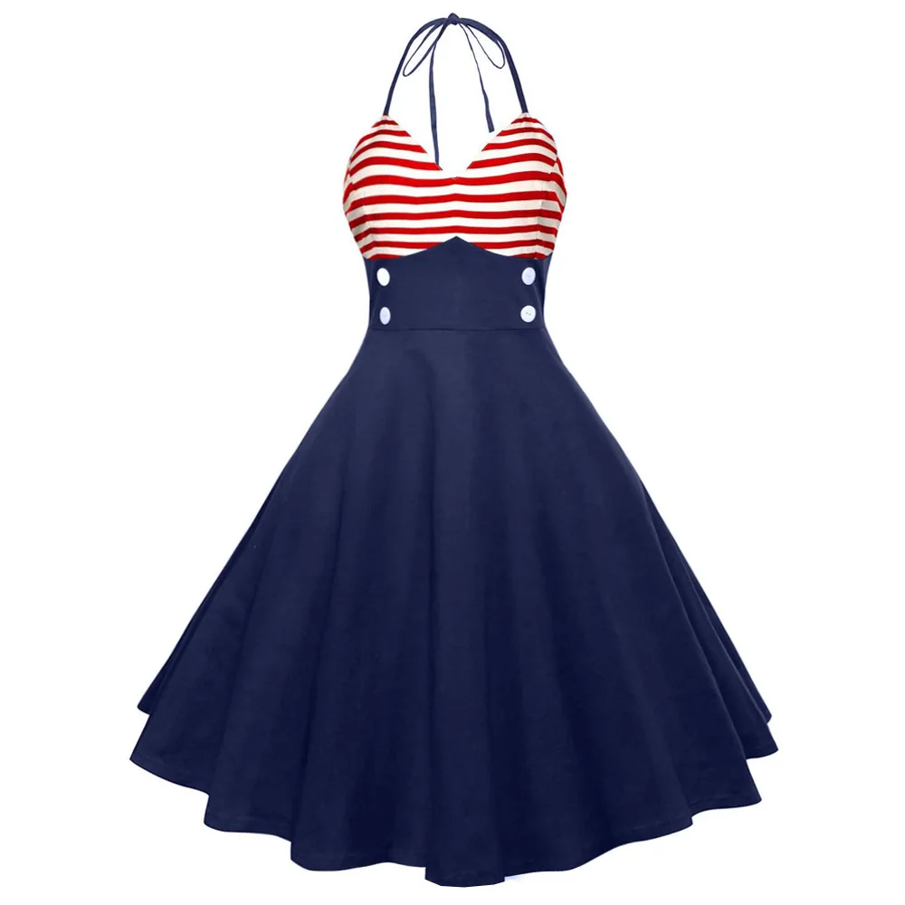 Joineles Sexy Halter Neck Sleeveless Stripe Summer Women Retro Dress Button 60s Rockabilly Swing Vintage Dress Vestidos Tunics
Joineles Sexy Halter Neck Sleeveless Stripe Summer Women Retro Dress Button 60s Rockabilly Swing Vintage Dress Vestidos Tunics