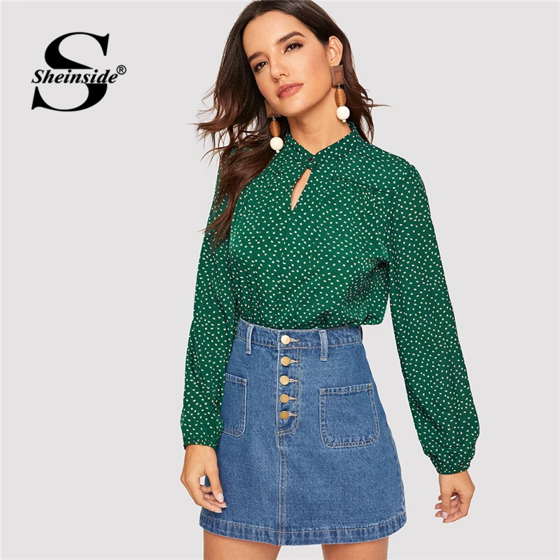 

Sheinside Green Buttoned Keyhole Neck Polka Dot Blouse Women Bishop Sleeve Top 2019 Spring Half Placket Ladies Tops and Blouses