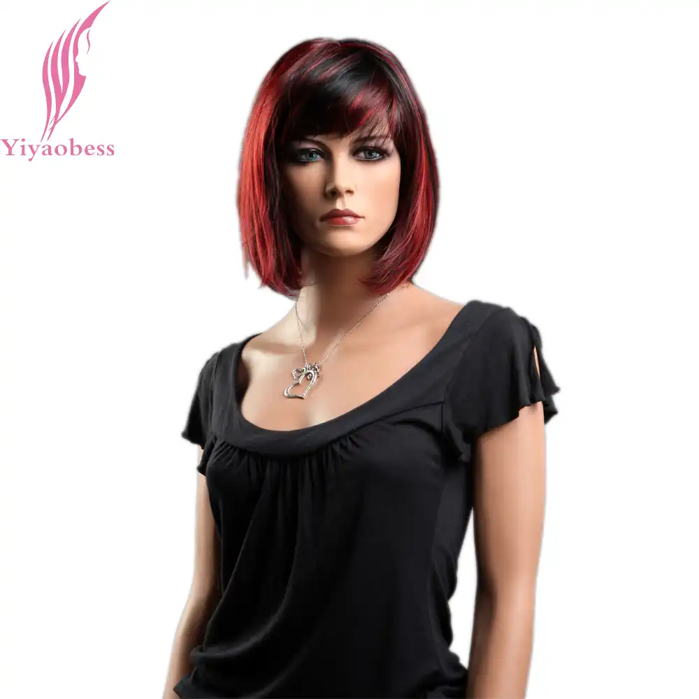 Yiyaobess 8inch Black Red Hair Highlight Wig Bangs Synthetic