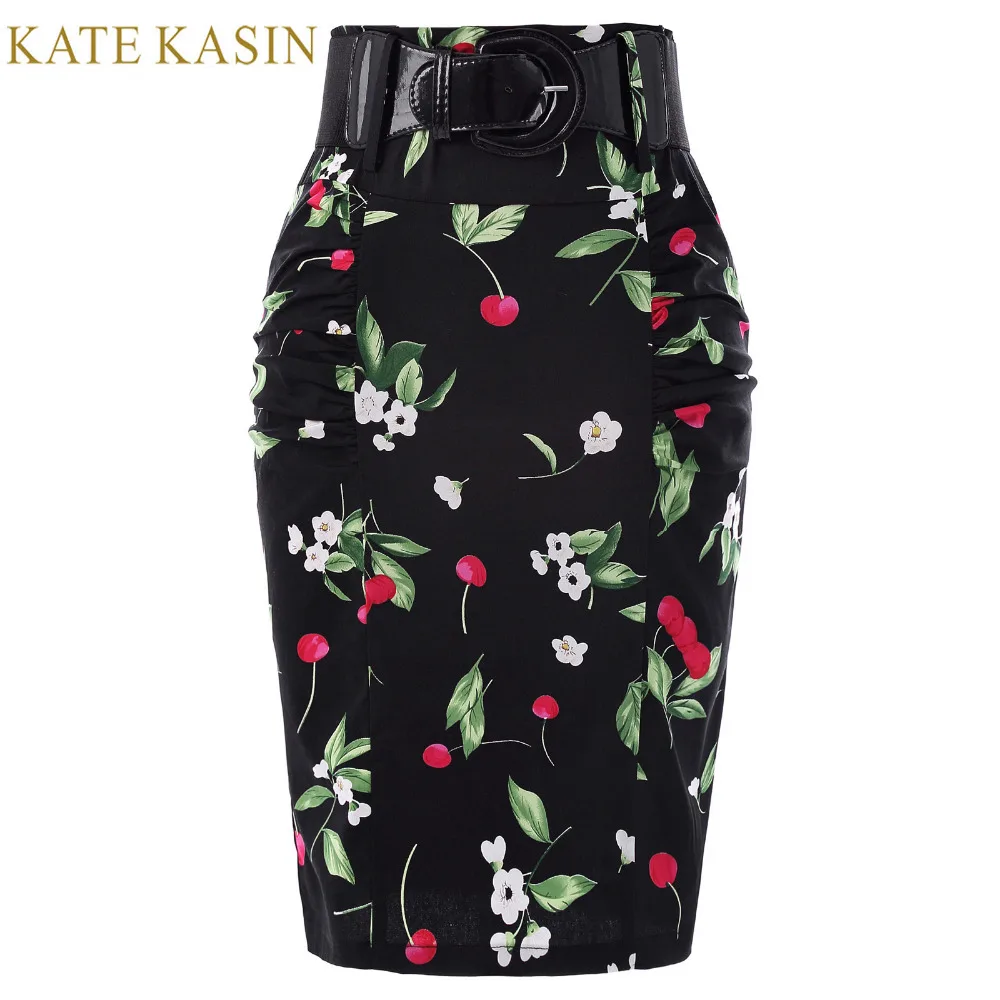 

Kate Kasin Summer Pencil Skirts Women Elegant Femme Midi Skirt Belt High Waist Office Ladies Floral Skirt