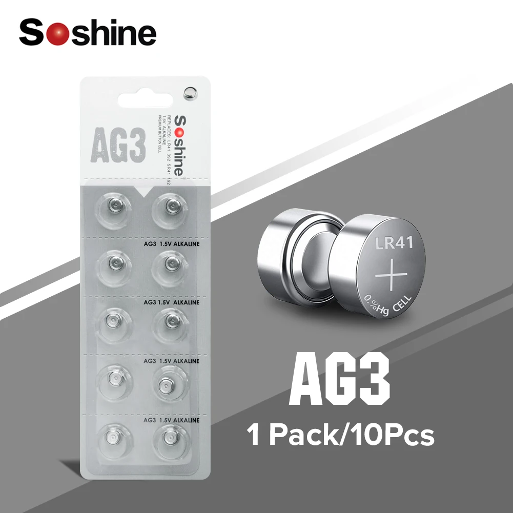 Soshine AG3 LR41 392 SR41 192 1.5V Button Cell Battery 384, 392A, AG3, CX41, G3, L736 ,LR736, SR41, SR41SW For Toys Watch x10
Soshine AG3 LR41 392 SR41 192 1.5V Button Cell Battery 384, 392A, AG3, CX41, G3, L736 ,LR736, SR41, SR41SW For Toys Watch x10
