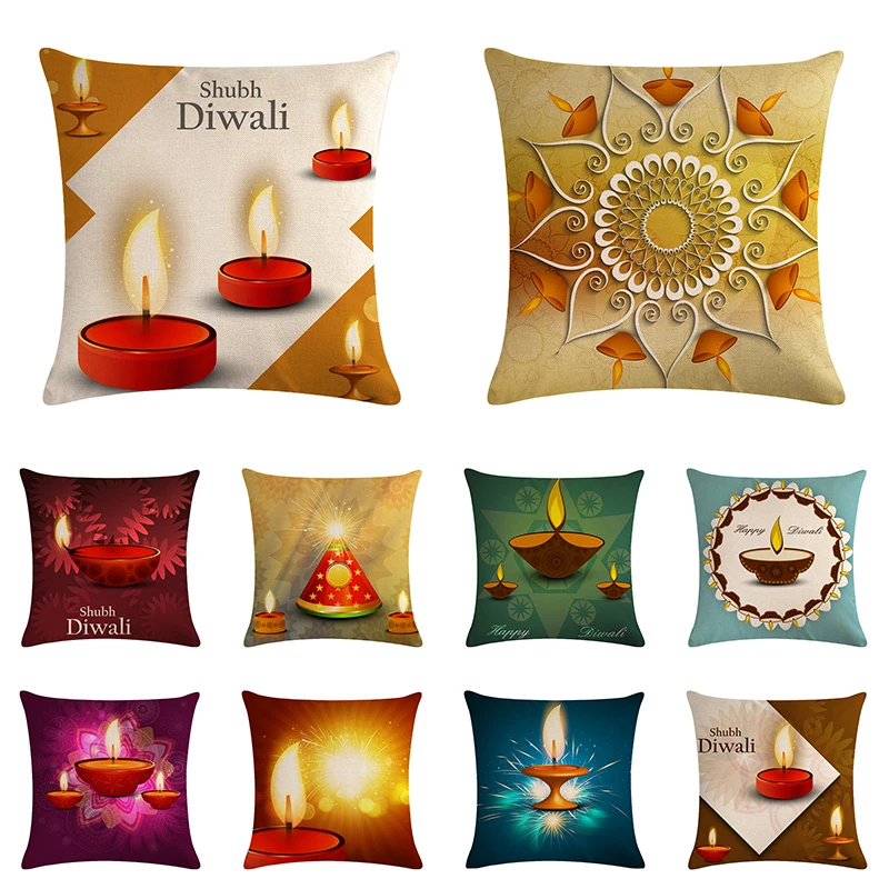 

45*45 cm Linen Happy Shubh Diwali Style Cushion Cover Printing Home Decorative Pillow Cover for Sofa Car Cojines ZY867