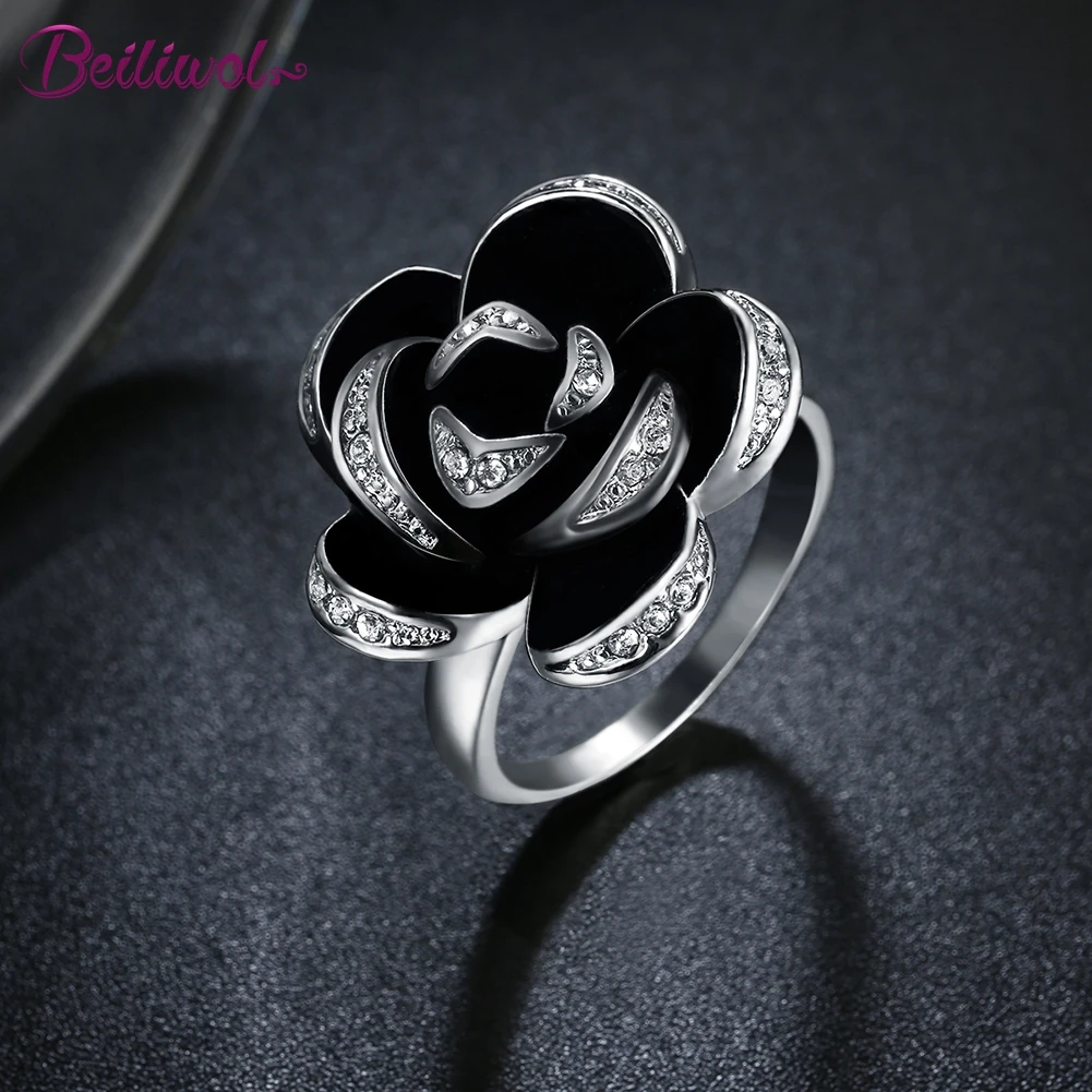 Rings for Women Rose Flower Jewelry Fashion Women's Crystal Romantic Plant Wedding Ring Silver Color Black Glaze Gift On Sale
Rings for Women Rose Flower Jewelry Fashion Women's Crystal Romantic Plant Wedding Ring Silver Color Black Glaze Gift On Sale