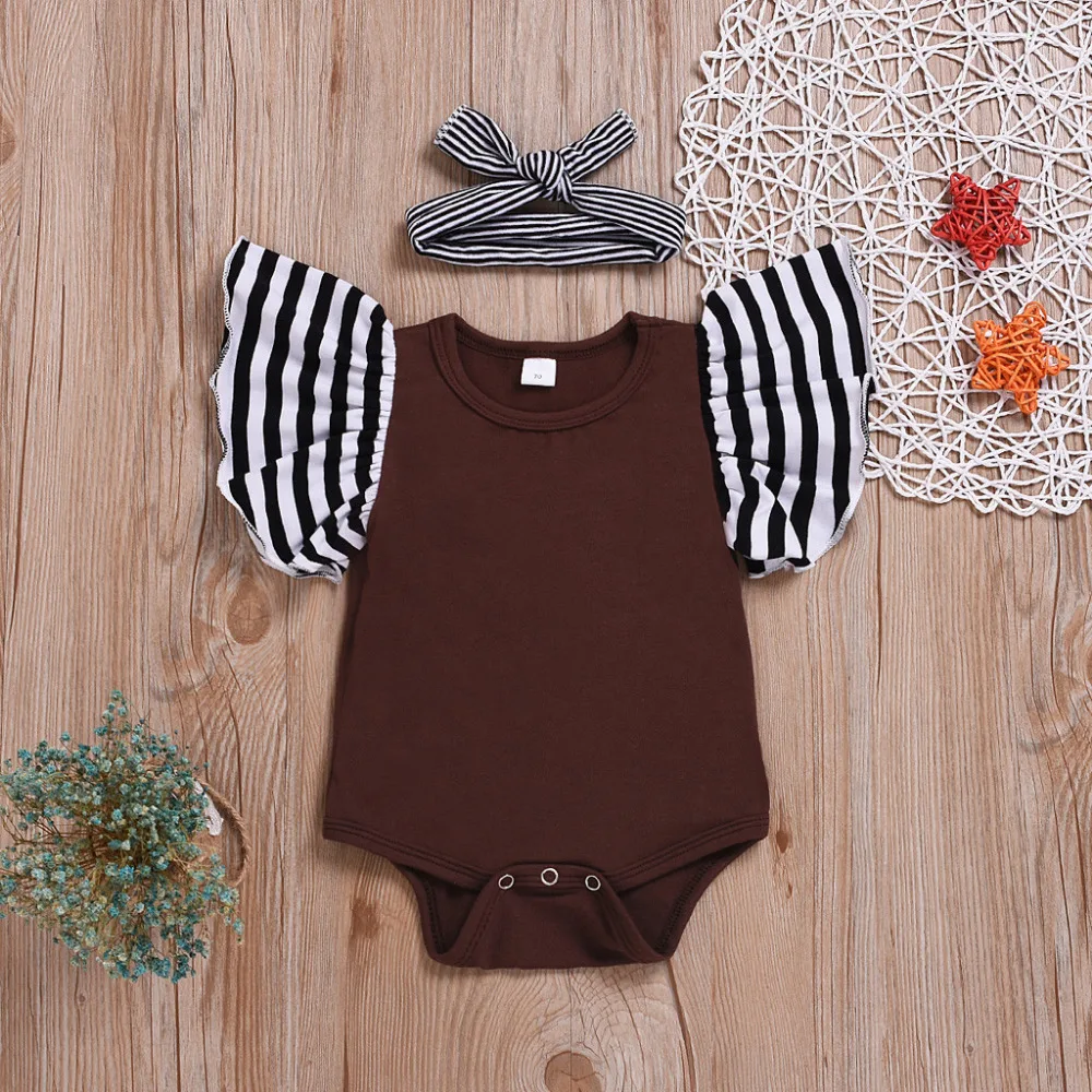 

MUQGEW Cute Summer Toddler Baby Girls Soild Striped Flutter Sleeve Romper With Headband Jumpsuit Outfits Sunsuit Infant Clothing