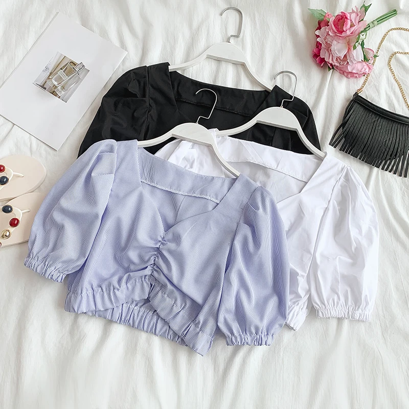 New Summer Fashion 2019 V-collar Short Sleeve Short Crop Tops Women Solid Color Sexy Blouse F216
New Summer Fashion 2019 V-collar Short Sleeve Short Crop Tops Women Solid Color Sexy Blouse F216