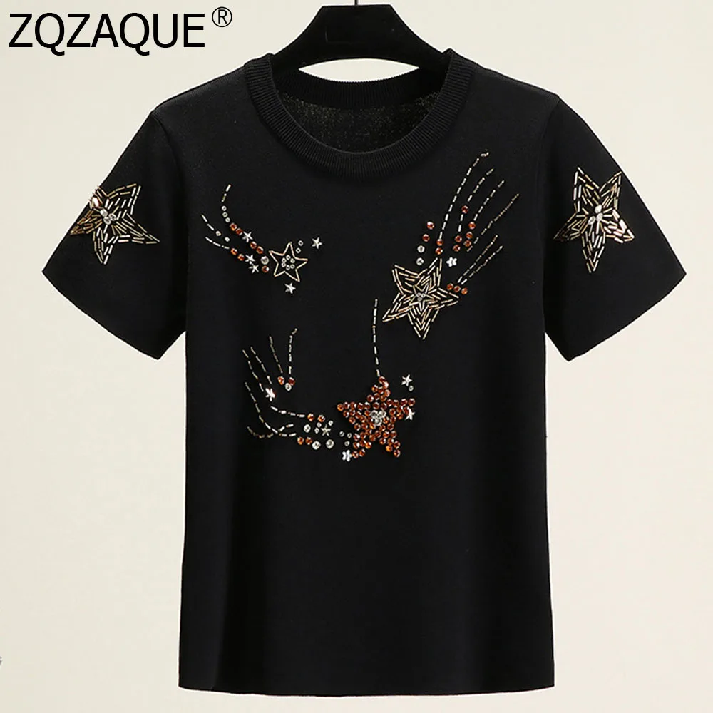 Luxury Diamonds Stars Pattern T-shirts Spring Summer Women's High Quality Beading Tops Fashion All-match Bottom Knit Tees SY1984
Luxury Diamonds Stars Pattern T-shirts Spring Summer Women's High Quality Beading Tops Fashion All-match Bottom Knit Tees SY1984