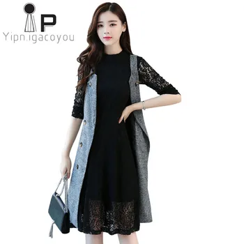 Lace Dress Women Long Vest Two Piece Set Autumn Plus size Black Elegant Dress And Sleeveless Jacket Set Fashion Female Vestido
Lace Dress Women Long Vest Two Piece Set Autumn Plus size Black Elegant Dress And Sleeveless Jacket Set Fashion Female Vestido