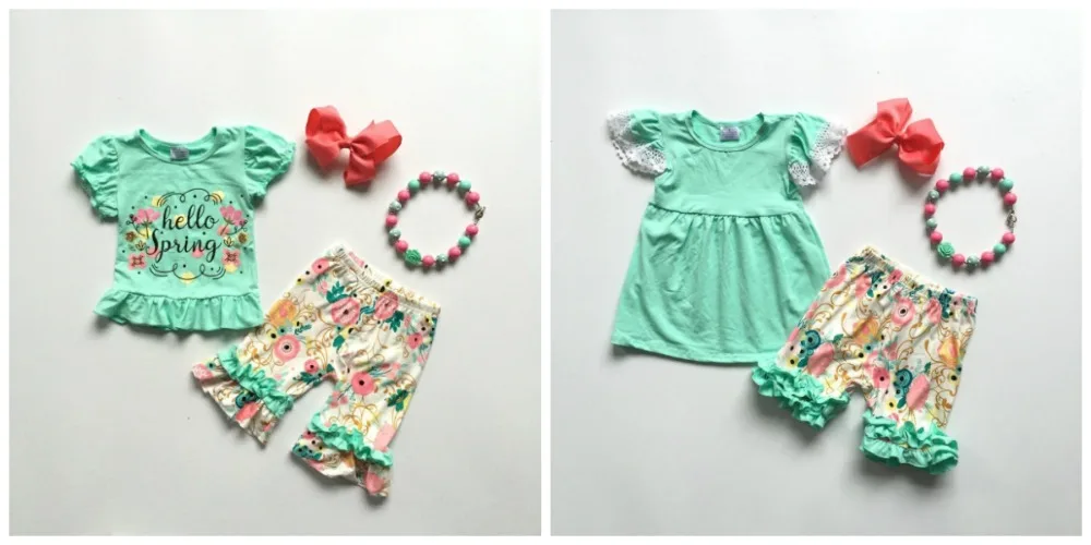 Hello spring Summer baby girls children clothes shorts capris mint flower pattern outfits ruffles boutique match accessories
Hello spring Summer baby girls children clothes shorts capris mint flower pattern outfits ruffles boutique match accessories