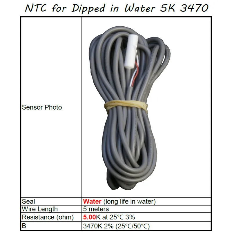NTC temperature sensor, for dipped in water, 5.00K ohm at 25C, B=3470K (25C/50C), Wire length 5 meter, Lilytech
NTC temperature sensor, for dipped in water, 5.00K ohm at 25C, B=3470K (25C/50C), Wire length 5 meter, Lilytech