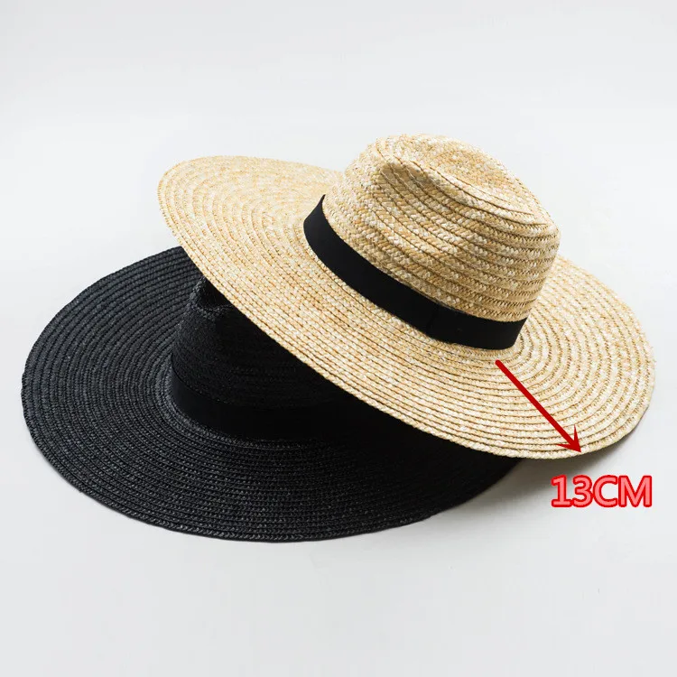 

01907-HH7060 HANDMADE natural STRAW 13CM BIG BRIM solid SOLID holiday fedoras cap men women leisure beach panama jazz hat