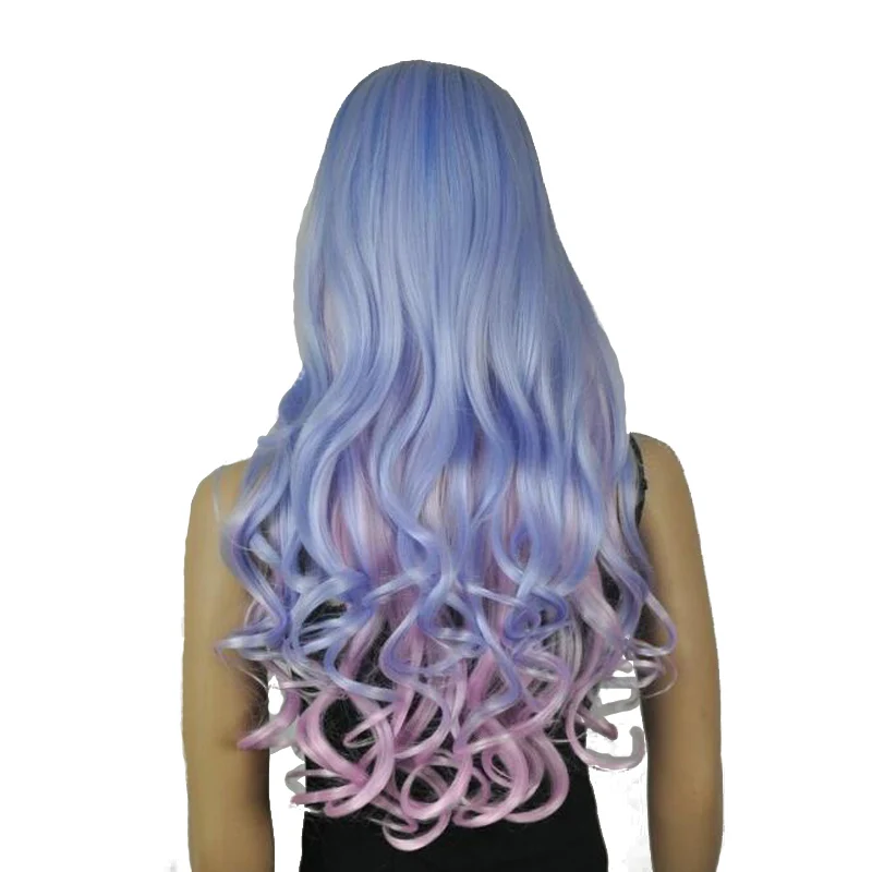 

StrongBeauty Women's Wigs Cosplay Costume Party Neat Bang Long Wavy Blue, Purple, Pink Highlight Mixed Color Full Synthetic Wig