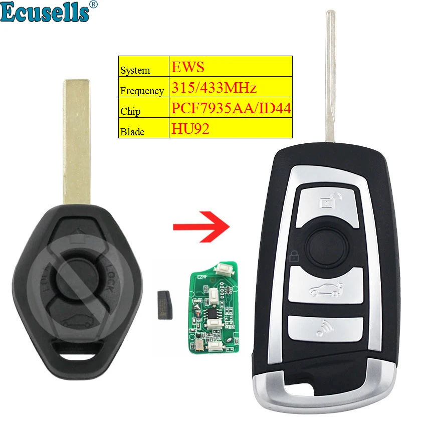 Modified flip 315MHZ 433MHZ ID44/PCF7935 chip 3 Button remote key for BMW EWS 325 330 318 525 530 540 E38 E39 E46 M5 X3 X5 HU92
Modified flip 315MHZ 433MHZ ID44/PCF7935 chip 3 Button remote key for BMW EWS 325 330 318 525 530 540 E38 E39 E46 M5 X3 X5 HU92