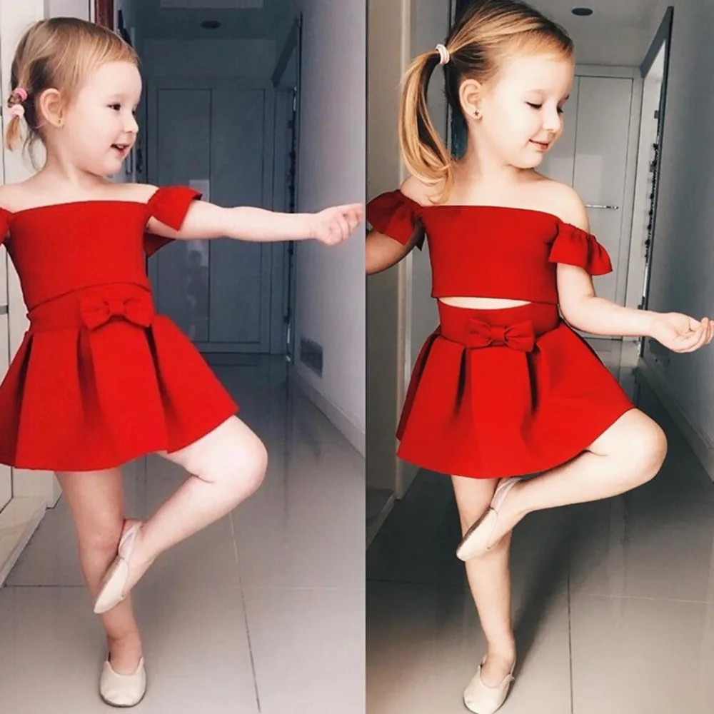 Summer Kids Dress For Girls Sleeveless Baby Girl Clothing Set Infant Toddler Red Top+Dress Dancing Performance Clothes | Детская одежда