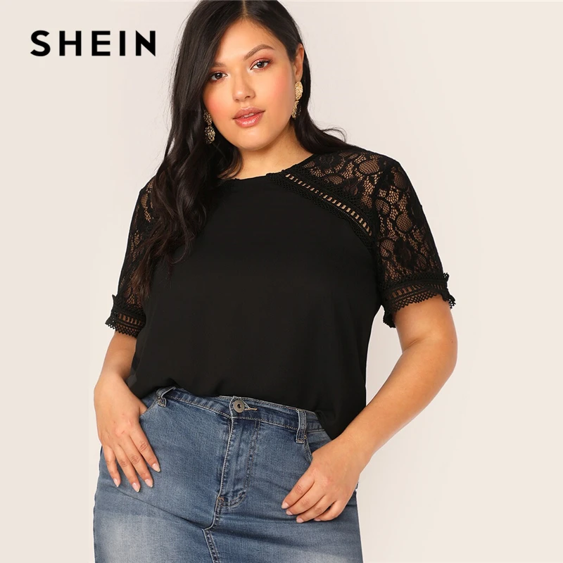 

SHEIN Plus Size Black Lace Insert Raglan Sleeve Top Blouse Women Keyhole Back Summer Elegant Solid O Neck Sheer Plus Blouses