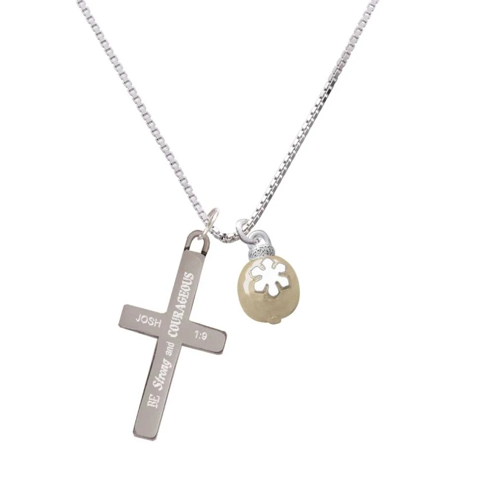 Gold Tone Ornament with White Snowflake - Strong and Courageous - Cross Necklace