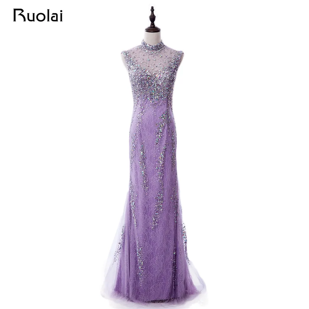 Real Made Lilac Prom Dresses Long High Neck Luxury Crystal Beaded Mermaid Evening 2019 Vestido de Fiesta Largo PD69 | Свадьбы и