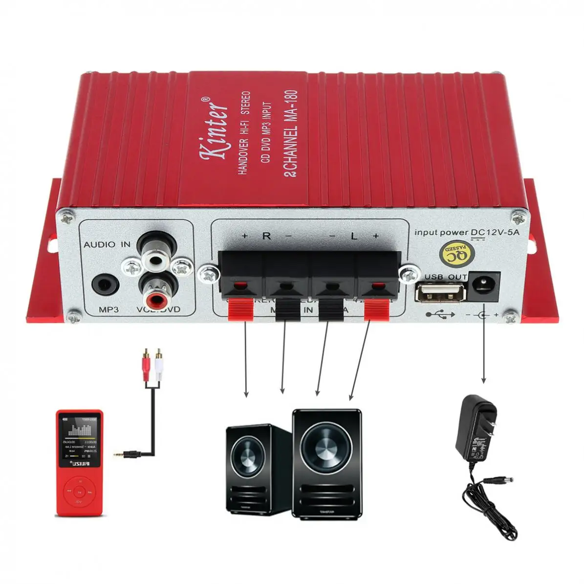 

12V Universal Durable Red MA-180 Mini USB Car Boat Audio Auto Power Amplifier 2CH Stereo HIFI Amp