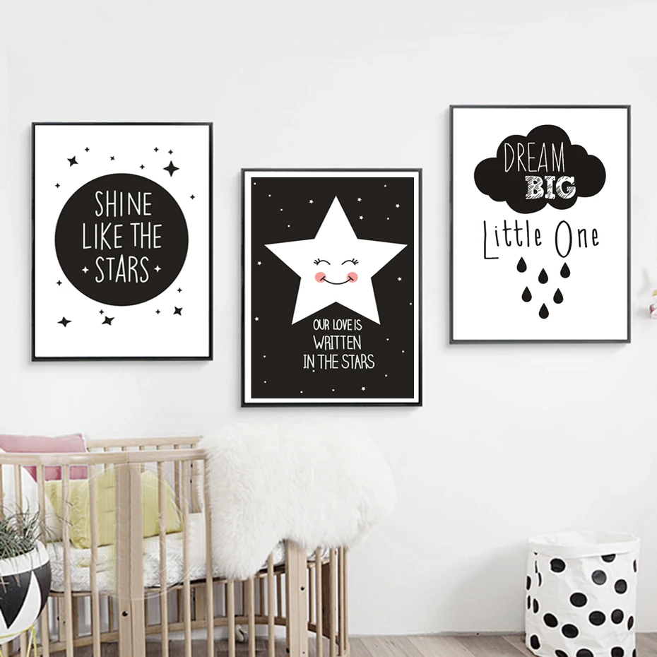Dream Big Nursery Quote Canvas Paintings Cartoon Poster Print Nordic Black White Wall Art Pictures For Kids Baby Room Home Decor | Дом и сад