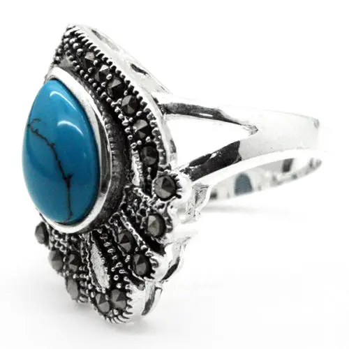 

25*20mm fancy design BLUE Natural Turquoise MARCASITE 925 STERLING SILVER RING SIZE 7/8/9/10