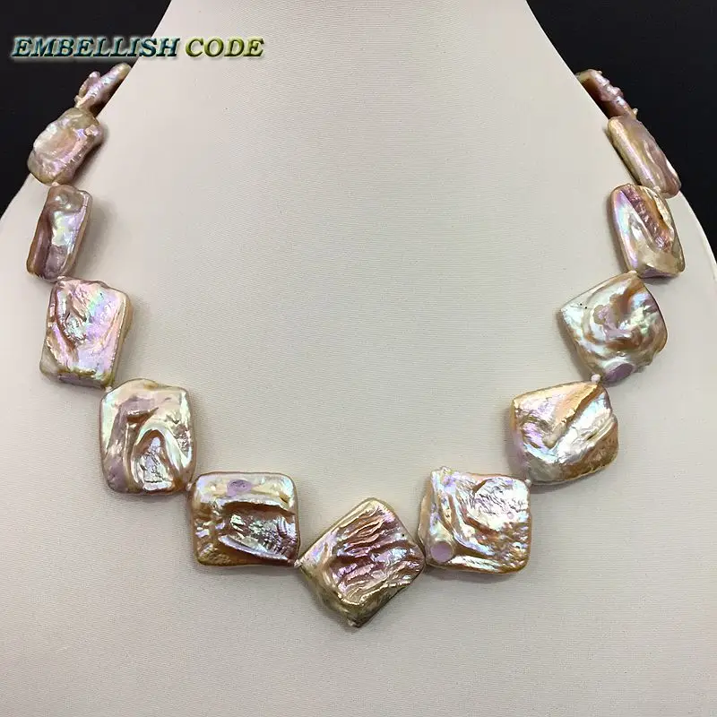 

block square shape natural fresh water pearl choker nice jewelry statement necklace peach color 58cm national style for women