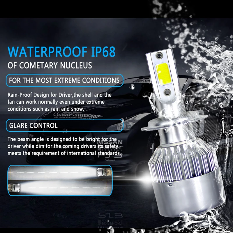 2pcs/set C6 H7 COB LED 72W 7600LM Headlight Kit Hi/Lo Light Bulb 6500K C6 H7 Headlight