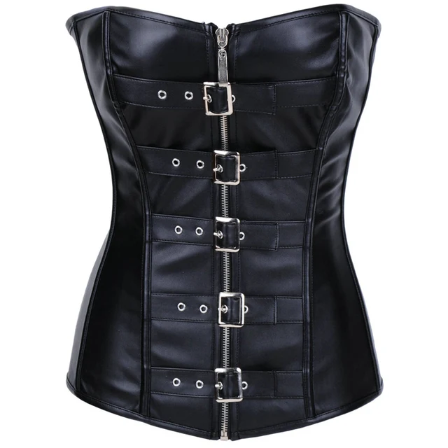 Black Faux Leather Gothic Corset Steampunk Women Buckled Corsets Sexy
