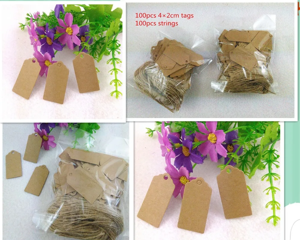 

100X 4*2cm Brown Kraft Paper Tag Rectangle Scalloped Head Label Luggage Wedding Note Tag With String DIY Blank Price Hang Tags