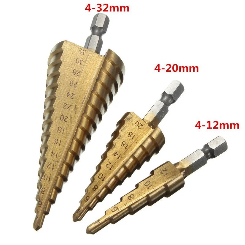 3pcs 4-12/20/32mm Large HSS Steel Step Cone Drill Titanium Bit Set Hole Cutter Drill Bit
3pcs 4-12/20/32mm Large HSS Steel Step Cone Drill Titanium Bit Set Hole Cutter Drill Bit