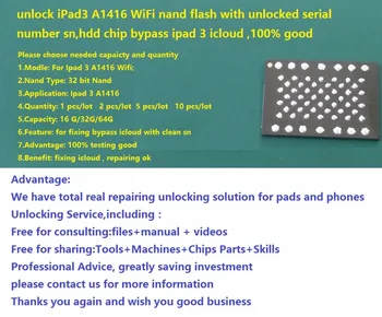 unlock iPad3 A1416 WiFi nand flash with unlocked serial number sn,hdd chip bypass ipad 3 icloud ,100% good
unlock iPad3 A1416 WiFi nand flash with unlocked serial number sn,hdd chip bypass ipad 3 icloud ,100% good