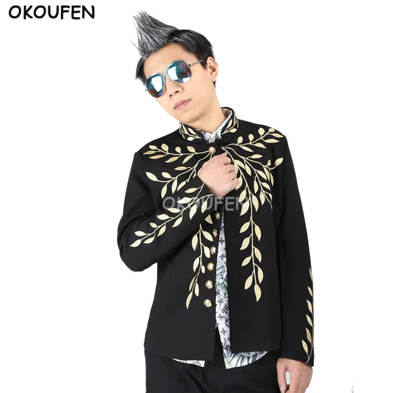 Men's Cardigan Coat Nightclub male Singer model hairdresser court dress Costumes gold silk embroidery leaves print small suit
Men's Cardigan Coat Nightclub male Singer model hairdresser court dress Costumes gold silk embroidery leaves print small suit