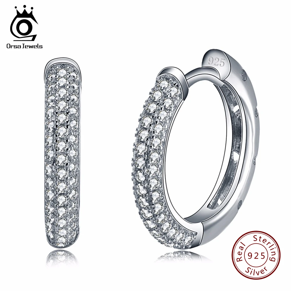Image ORSA JEWELS Hoop Earrings 2017 Trendy Women Jewelry 925 Sterling Silver Earring with 2 Row 90pcs Austrian Cubic Zirconia SE19